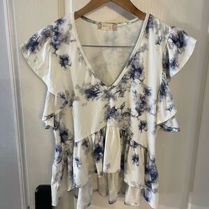 Altar'd State Blue and White Tie-Dye Ruffle Blouse